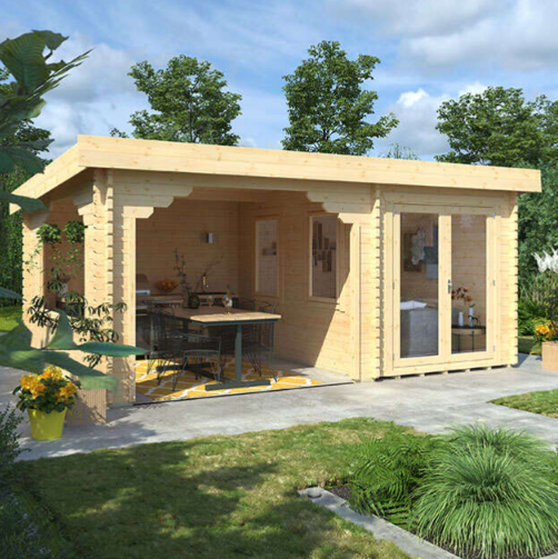 A wooden log cabin in the garden, log cabin with sheltered seating area and storage room, glazed double doors