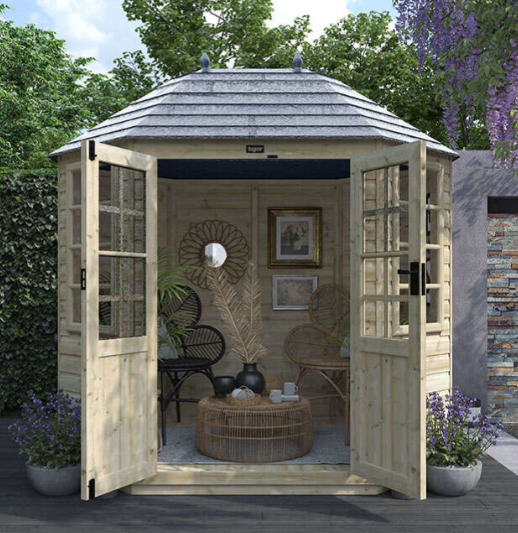 A picture containing a Tiger Sheds Pressured Treated Octagonal Summerhouse with wicker garden furniture