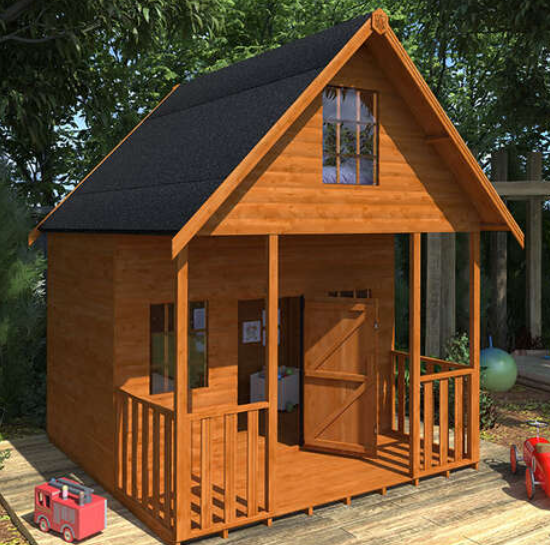 A wooden house with a porch and a toy car