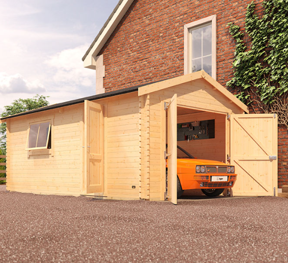 A yellow car in a wooden garage