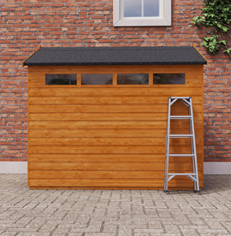 A picture containing a wooden security shed, security windows