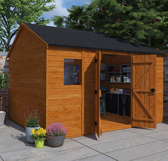 A wooden shed with a door open