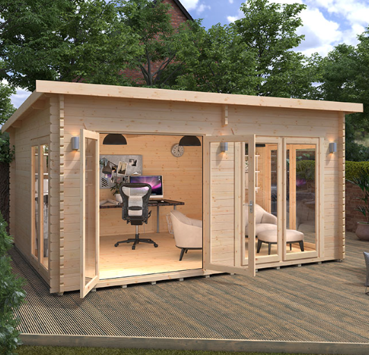 A wooden garden log cabin with decked patio