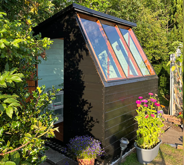 A black painted potting shed in garden