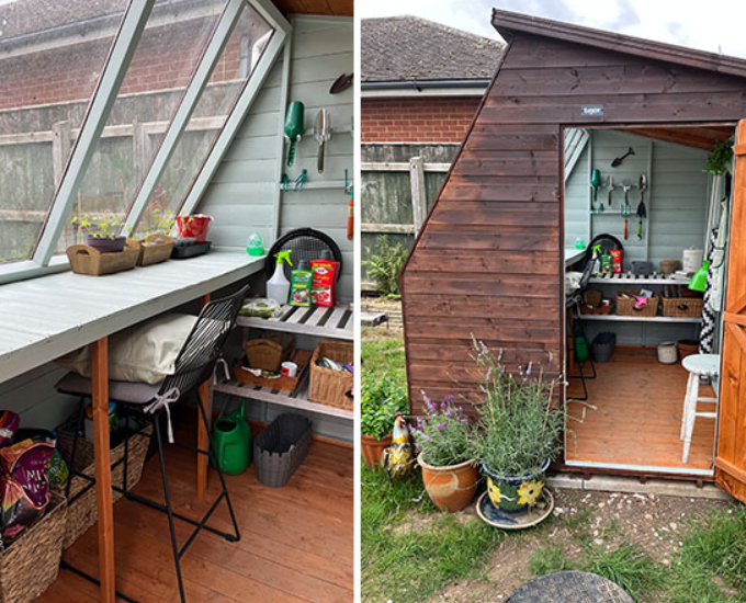 A potting shed with storage, baskets and shelves