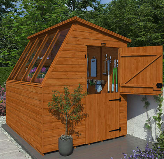 A picture of  wooden potting shed with right hinged stable door