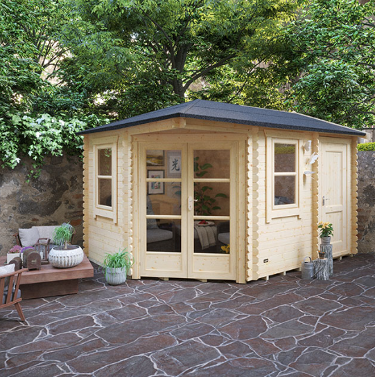 A picture containing a corner timber log cabin with space to relax and separate storage room