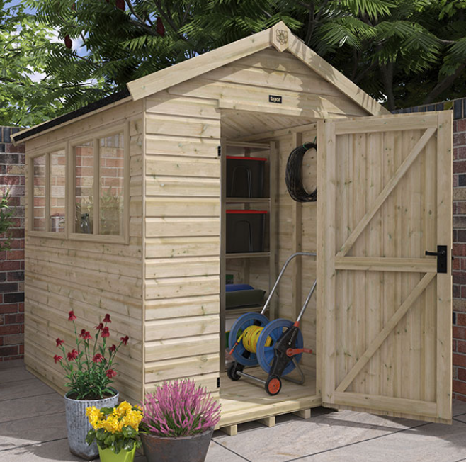 A picture containing a wooden apex shed, tanalised wood, garden, flowers