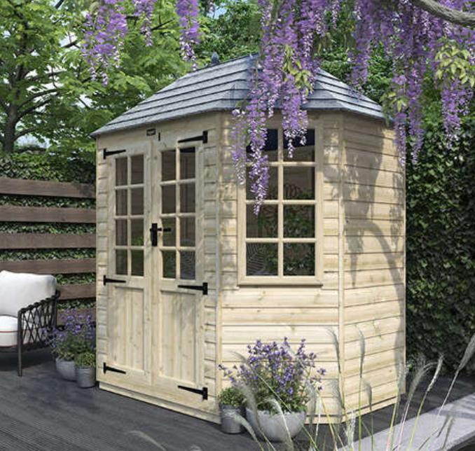 A picture containing a pressure-treated timber summerhouse, octagonal summerhouse, garden, deck, wisteria