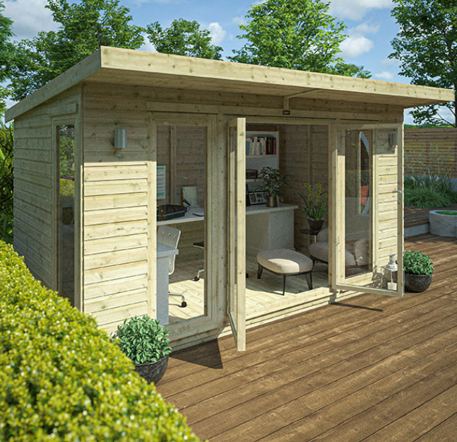 A picture containing a wooden pent pressured-treated timber garden office