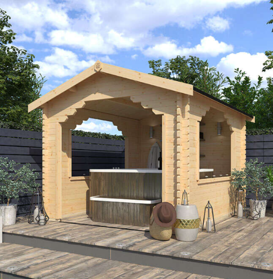 A pictHure containing a wooden hot tub shelter