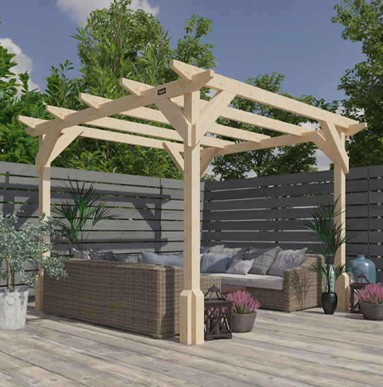 A wooden patio with a couch and planters under a wooden pergola