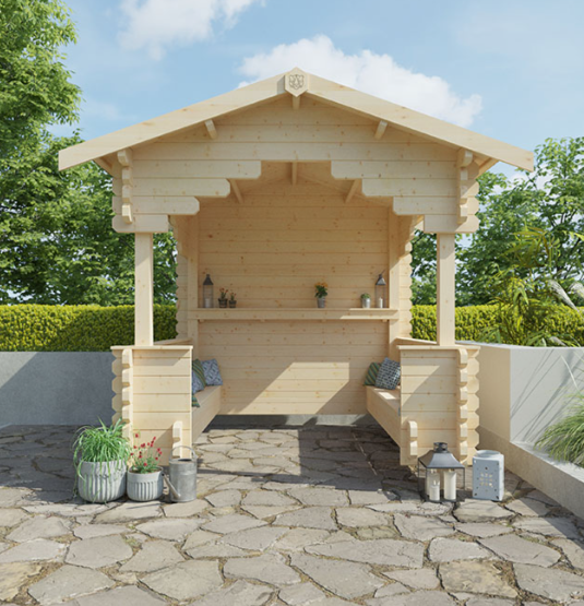 A wooden gazebo on a stone patio