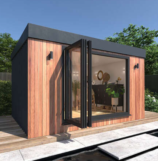 A small insulated garden room, wooden building with glass doors