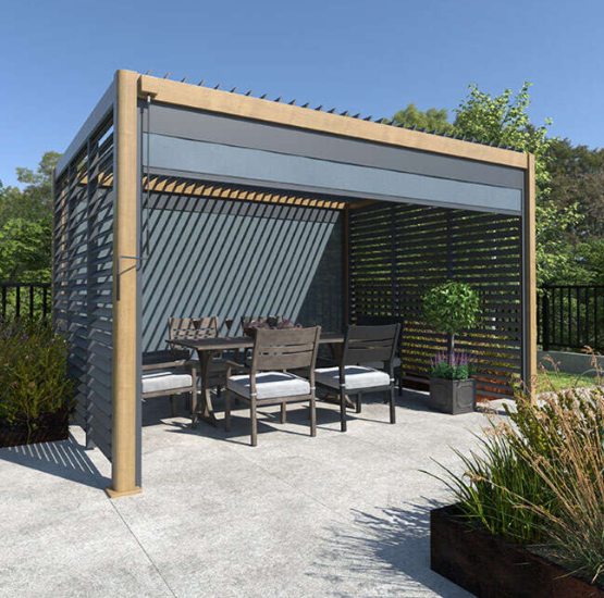 A picture containing a Tiger Modular insulated garden pergola, aluminium pergola with table and chairs