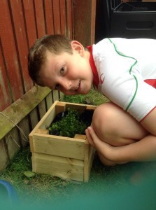 Boy with planter and green lettuce leaves