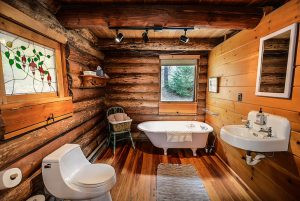 Bathroom in rustic log cabin