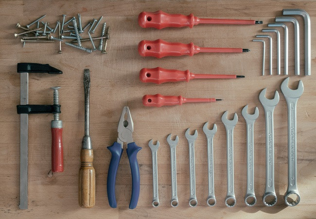 Tools on a table from above
