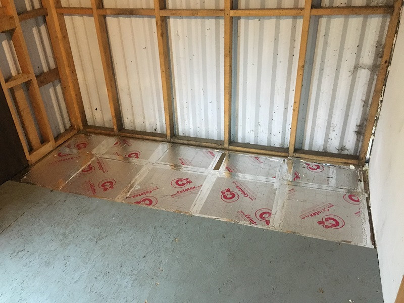 Freshly installed underfloor shed insulation