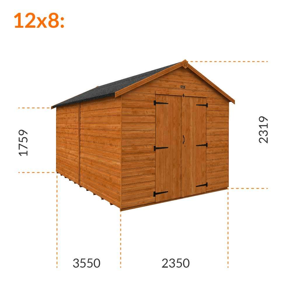 12x8w Tiger Shiplap Windowless Apex Shed | Double Doors