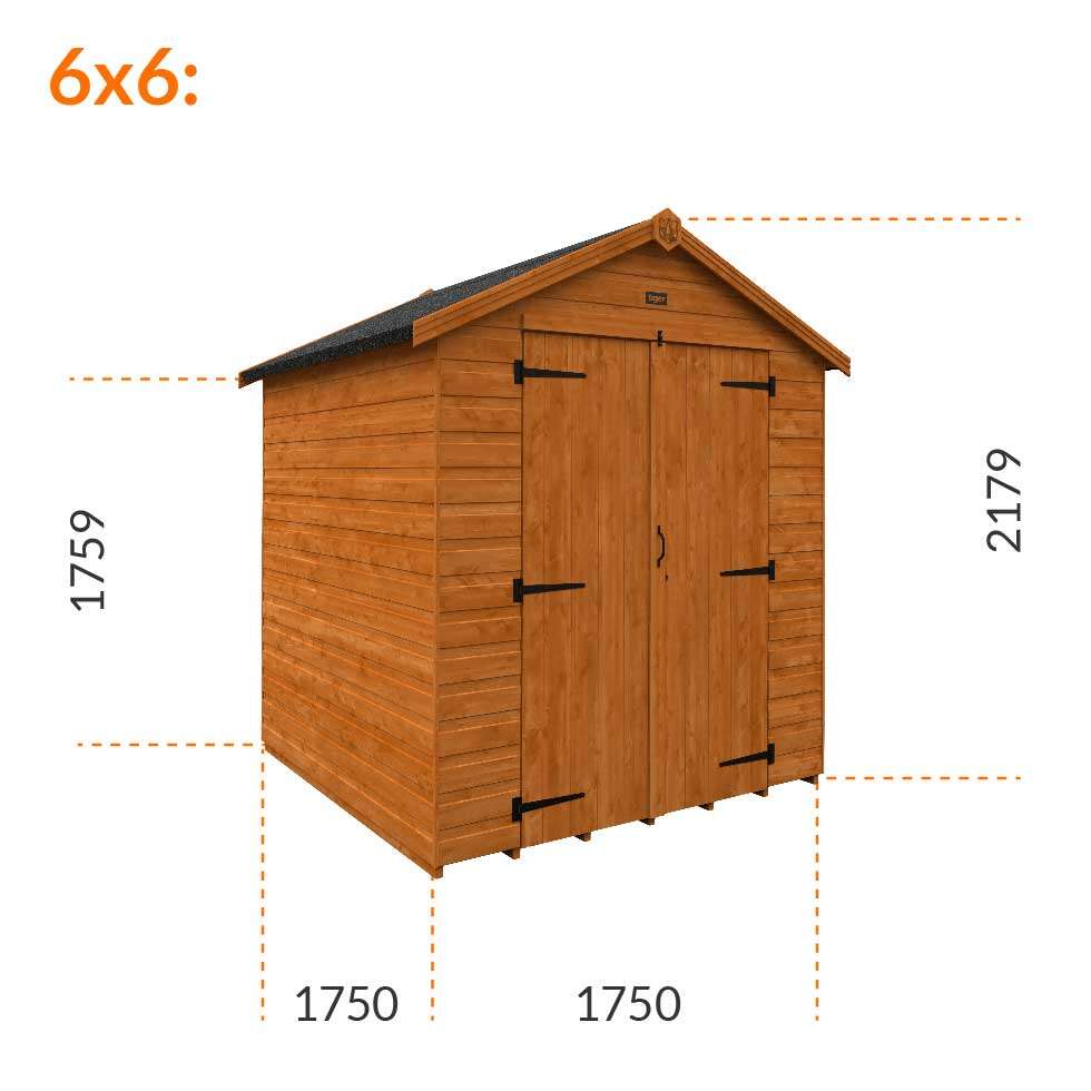 6x6w Tiger Shiplap Windowless Apex Shed | Double Doors