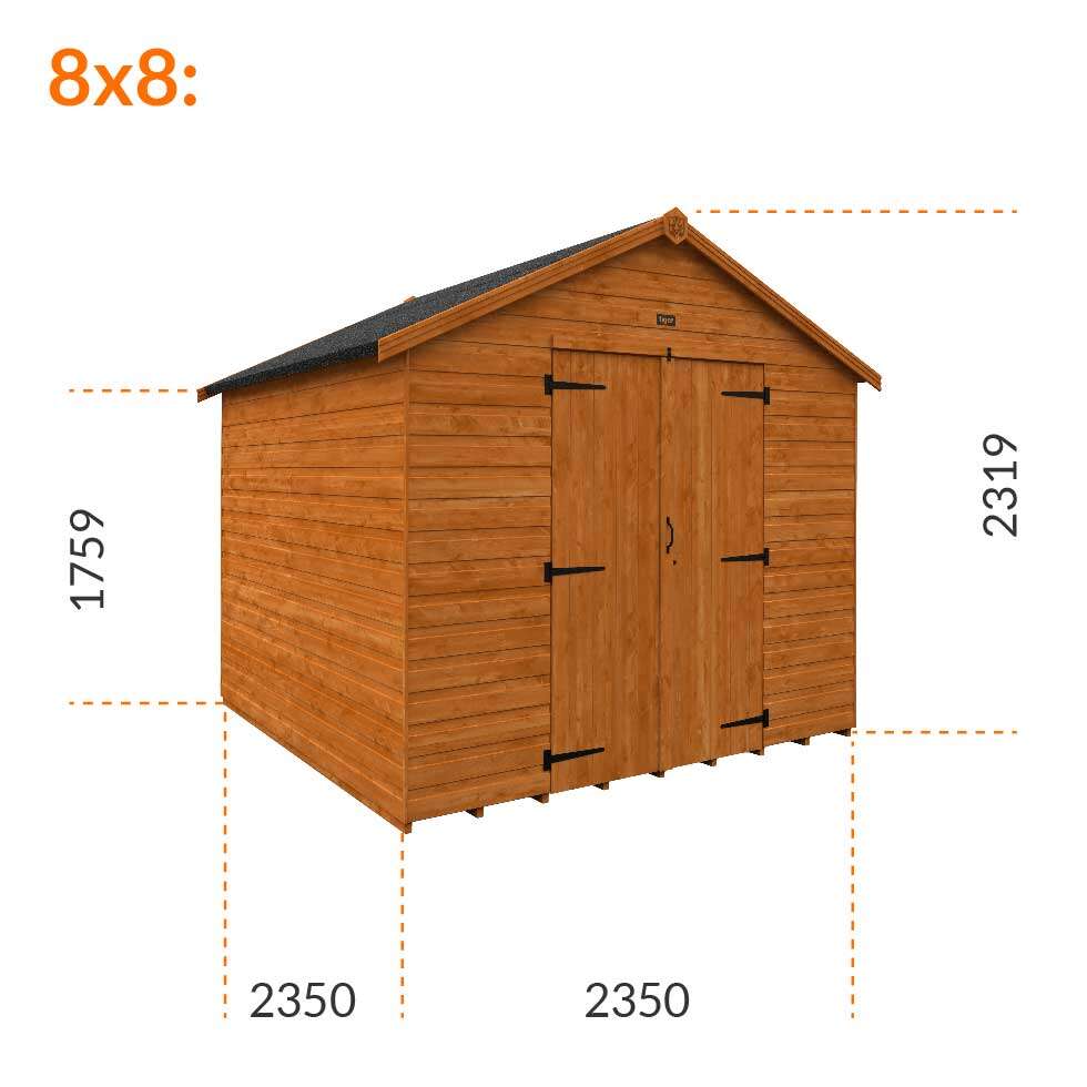 8x8w Tiger Shiplap Windowless Apex Shed | Double Doors
