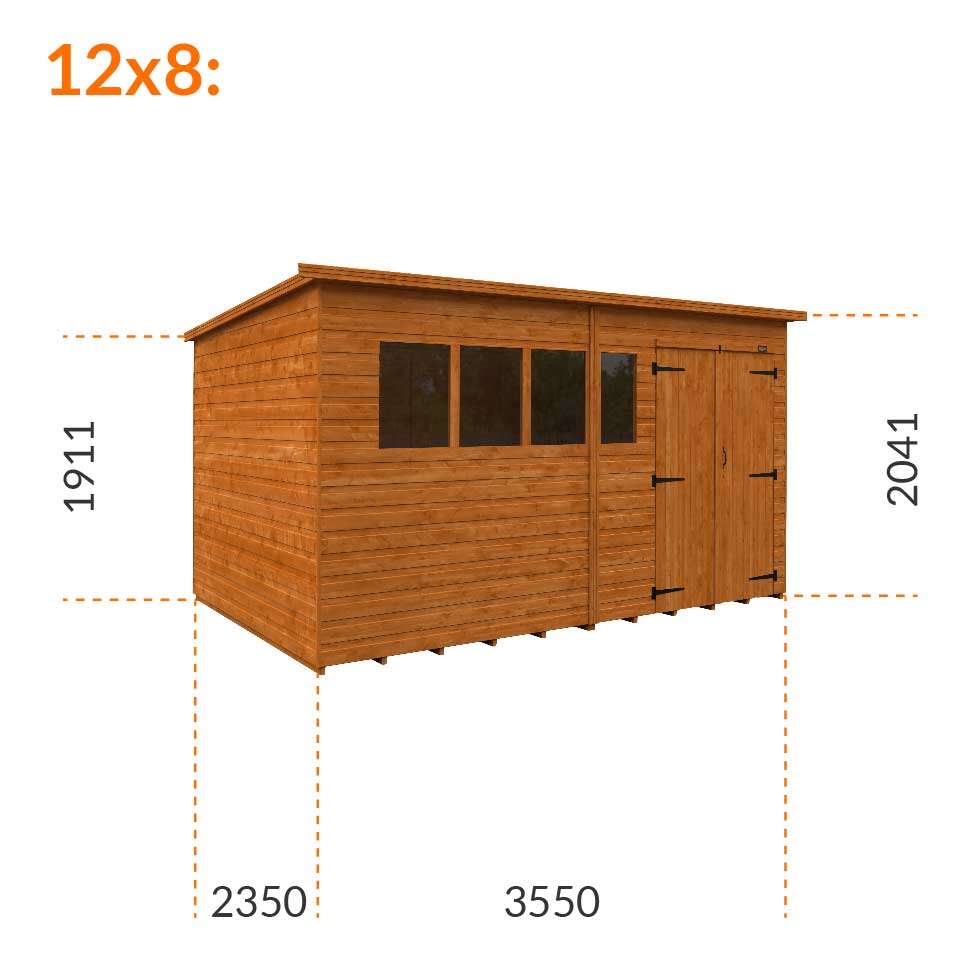 12x8w Tiger Shiplap Pent Shed | Double Doors