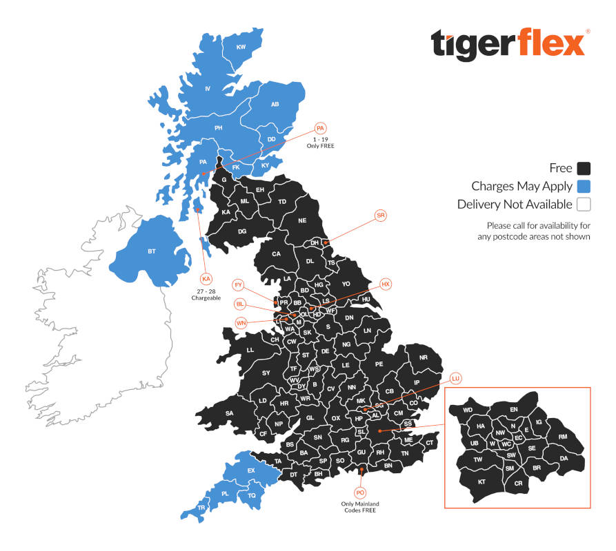 TIGERFLEX SHEDS, SUMMERHOUSES, CABINS & ACCESSORIES DELIVERY MAP