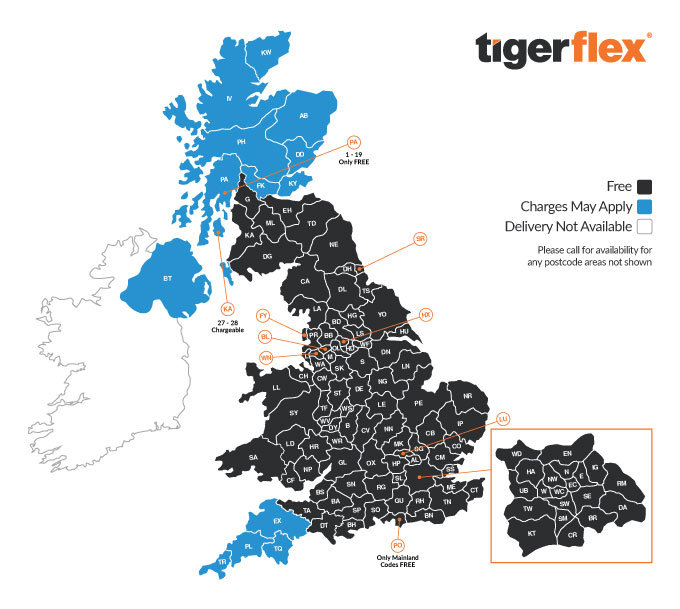 TIGERFLEX SHEDS, SUMMERHOUSES, CABINS & ACCESSORIES DELIVERY MAP